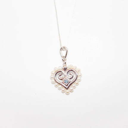 Silver London Blue Topaz Hmong Heart and Pearl Necklace