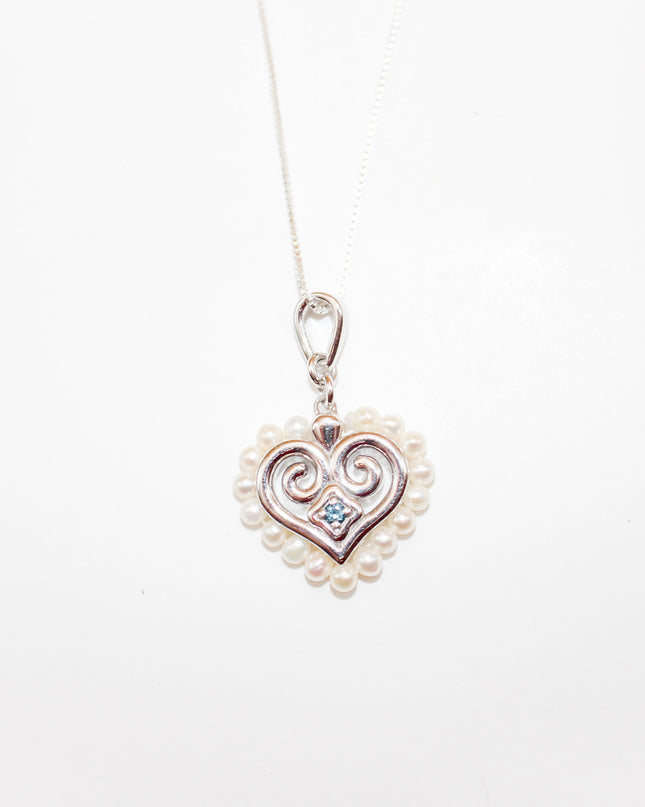 Silver London Blue Topaz Hmong Heart and Pearl Necklace