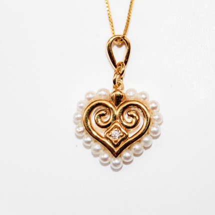 Pearl and Cubic Zirconia Hmong Heart Necklace