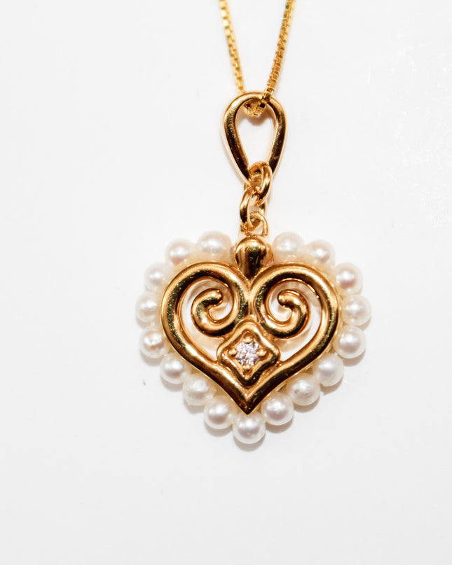 Pearl and Cubic Zirconia Hmong Heart Necklace