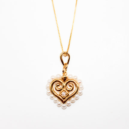 Pearl and Cubic Zirconia Hmong Heart Necklace