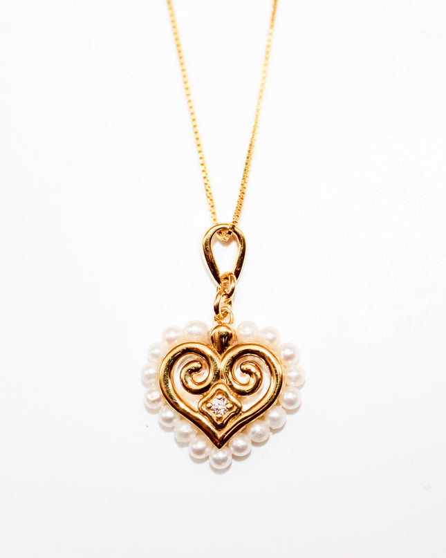 Pearl and Cubic Zirconia Hmong Heart Necklace